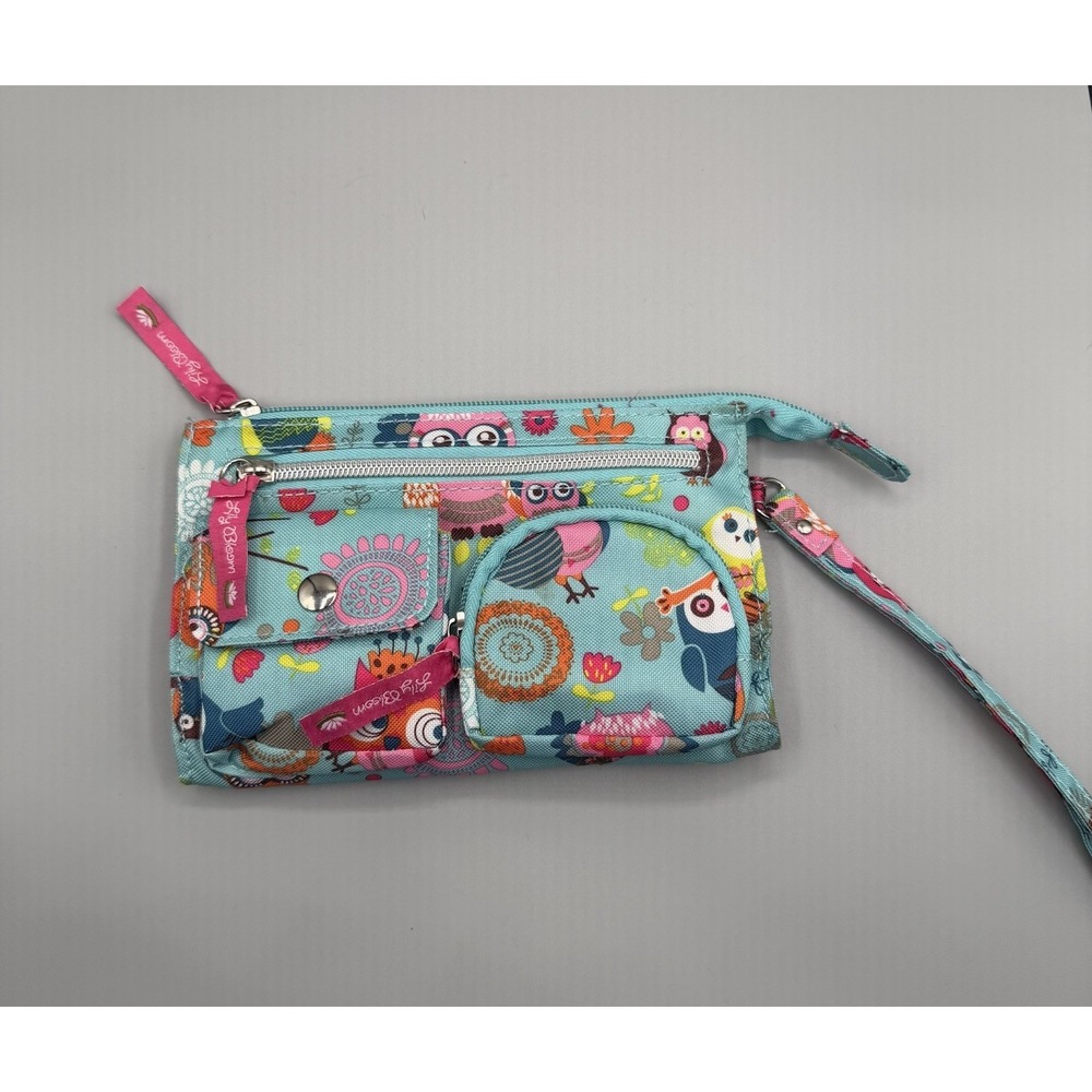 Lily Bloom Wristlet Owl Floral zip top multi pockets Pink lining w/zippers Purse